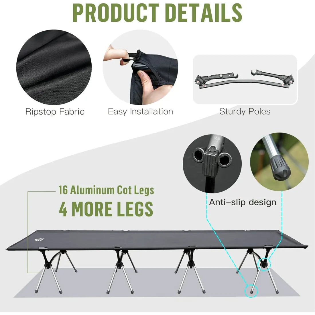 Night Cat Camping Cot Bed - Portable Folding Sleeping Cots for Adults 1-Person Outdoor Elevated Off-Ground Beds Easy Set-up Army Sleeping Bed 87"x28"